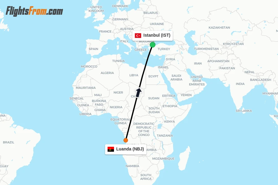 Flights from Luanda to Istanbul route map