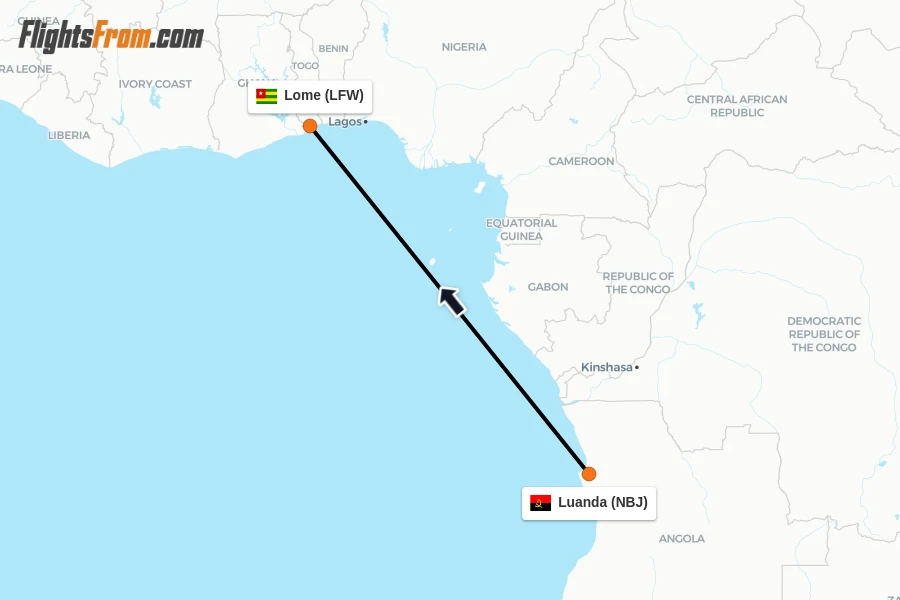 Flights from Luanda to Lome route map
