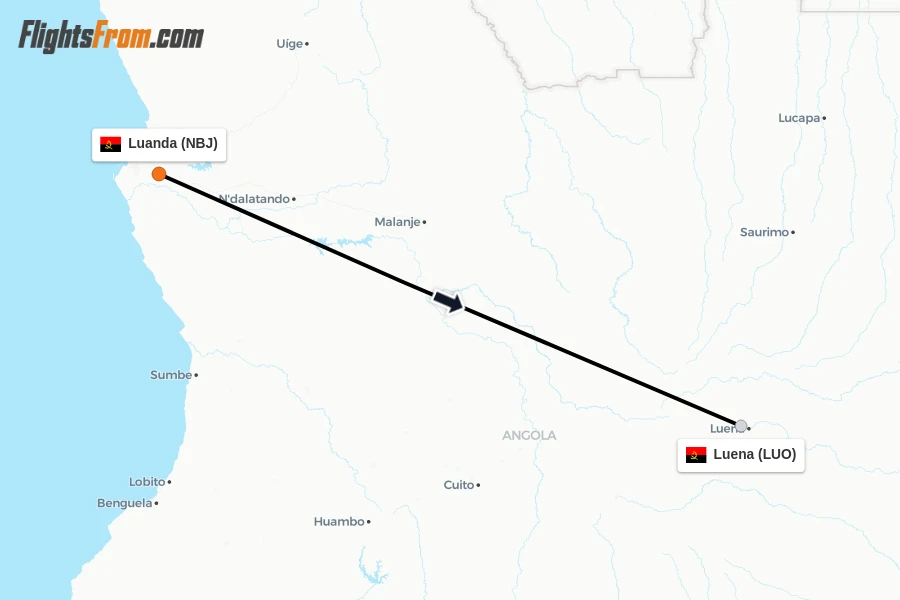 Flights from Luanda to Luena route map