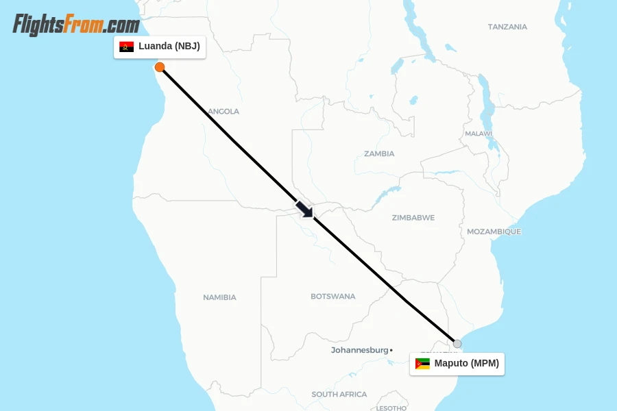 Flights from Luanda to Maputo route map