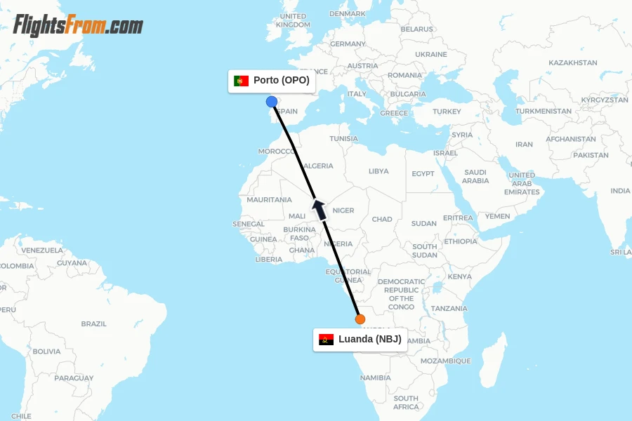 Flights from Luanda to Porto route map
