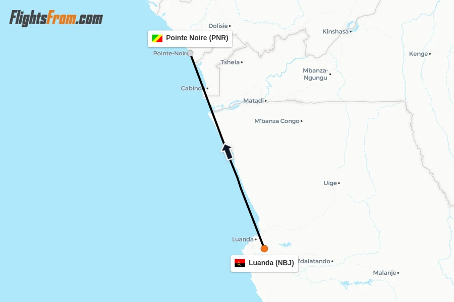 Flights from Luanda to Pointe Noire route map
