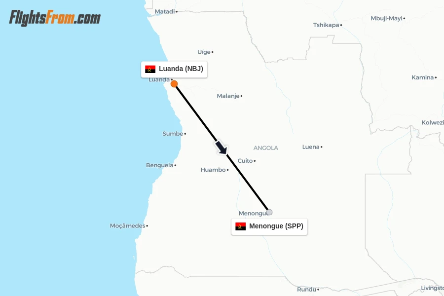Flights from Luanda to Menongue route map