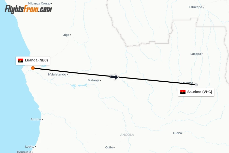 Flights from Luanda to Saurimo route map
