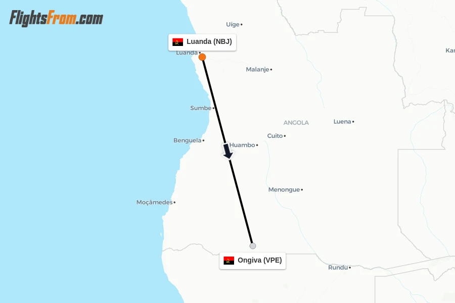 Flights from Luanda to Ongiva route map