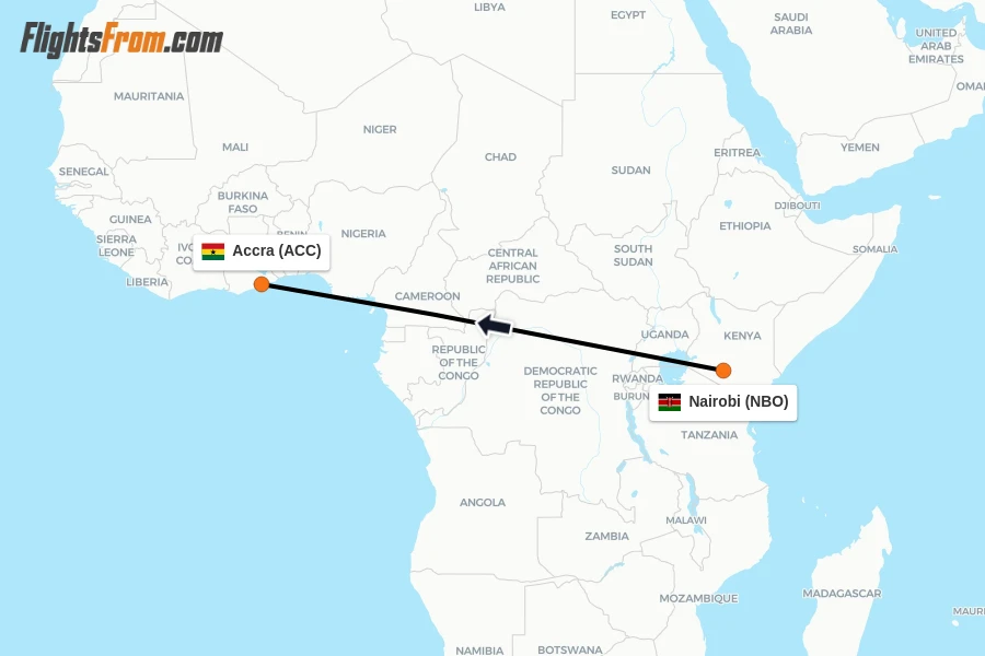 Flights from Nairobi to Accra route map