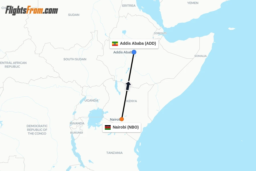 Flights from Nairobi to Addis Ababa route map