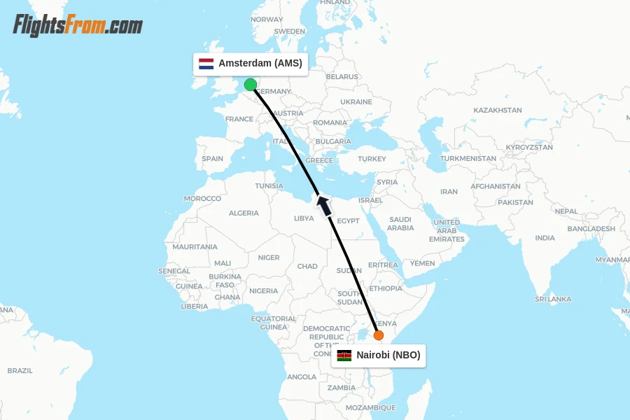 Flights from Nairobi to Amsterdam route map