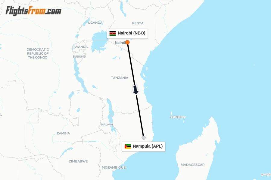 Flights from Nairobi to Nampula route map