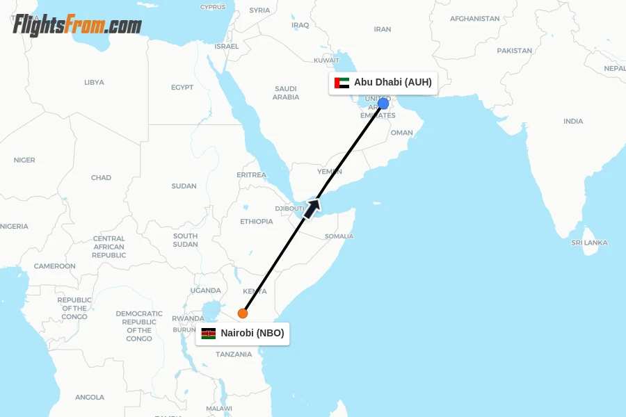 Flights from Nairobi to Abu Dhabi route map