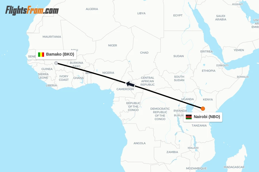 Flights from Nairobi to Bamako route map