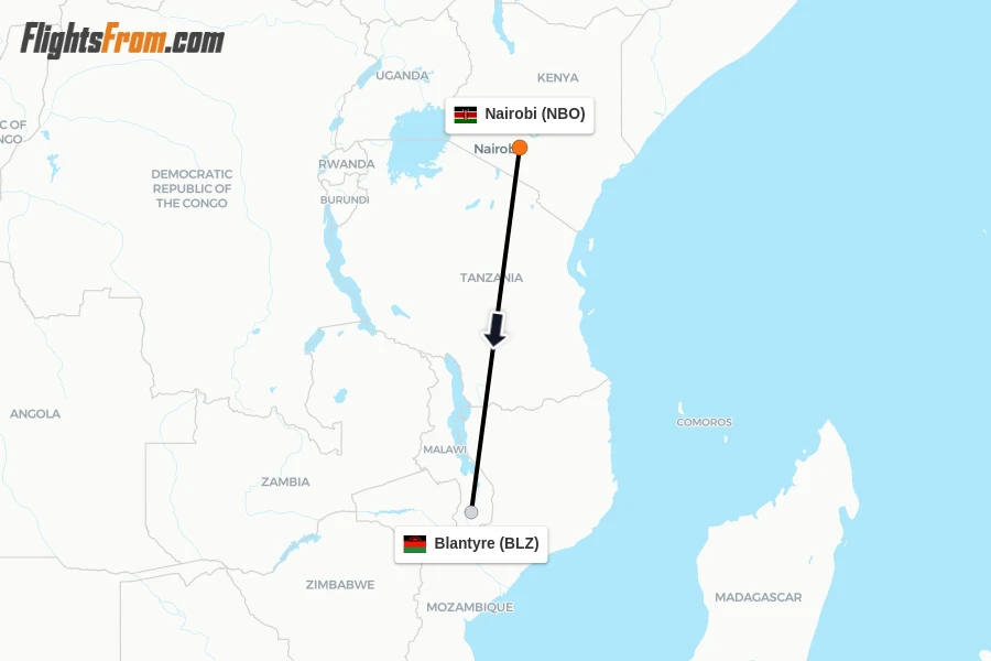 Flights from Nairobi to Blantyre route map