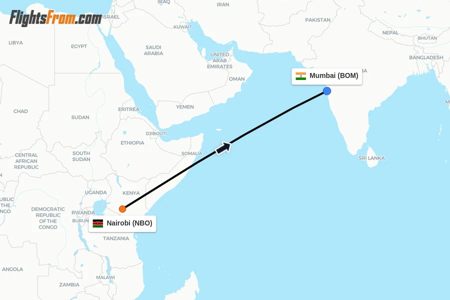 Flights from Nairobi to Mumbai route map