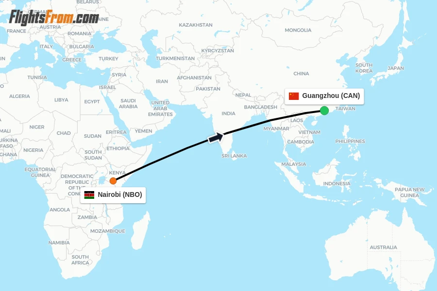 Flights from Nairobi to Guangzhou route map