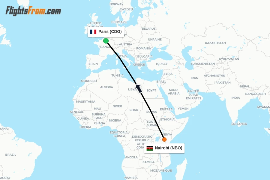 Flights from Nairobi to Paris route map