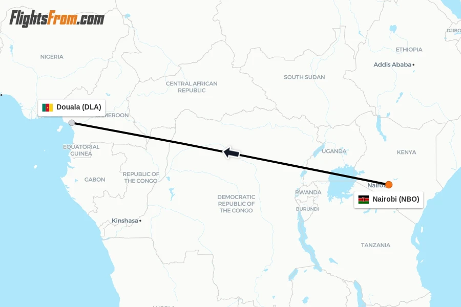 Flights from Nairobi to Douala route map