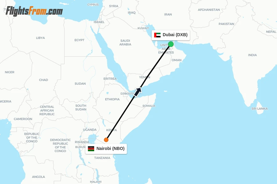 Flights from Nairobi to Dubai route map