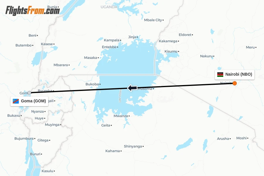 Flights from Nairobi to Goma route map