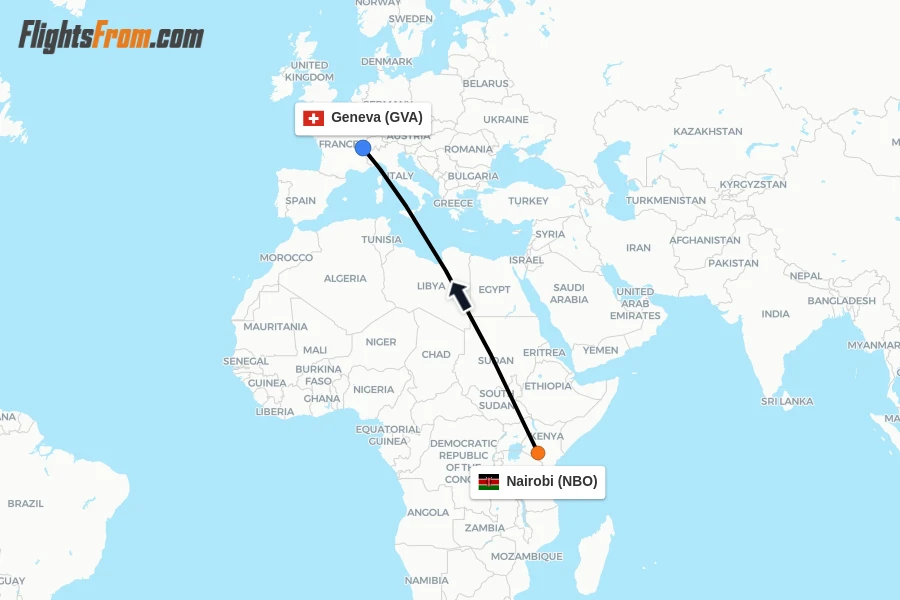 Flights from Nairobi to Geneva route map