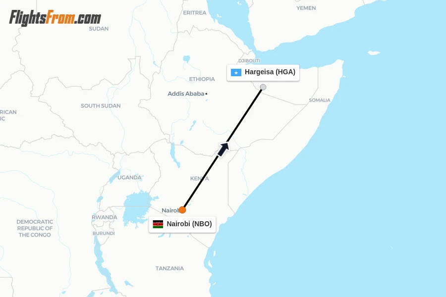 Flights from Nairobi to Hargeisa route map