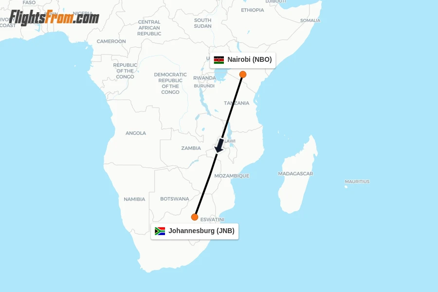 Flights from Nairobi to Johannesburg route map