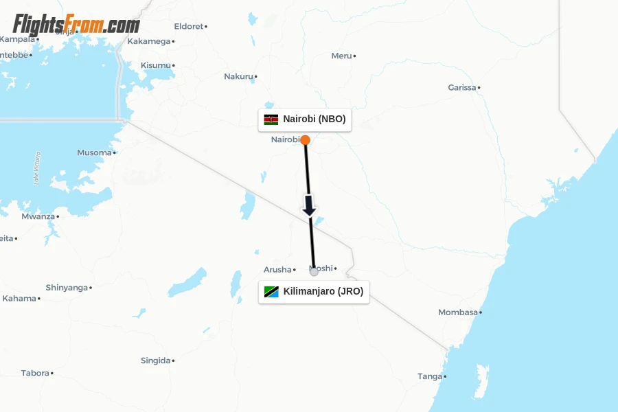 Flights from Nairobi to Kilimanjaro route map