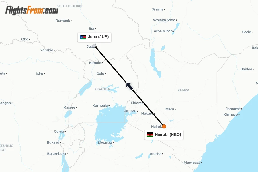 Flights from Nairobi to Juba route map
