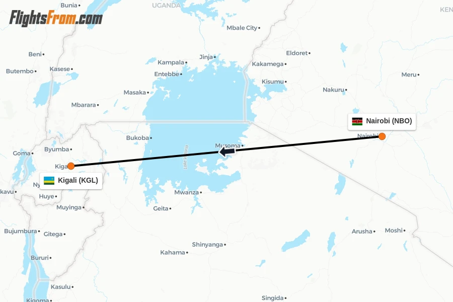 Flights from Nairobi to Kigali route map