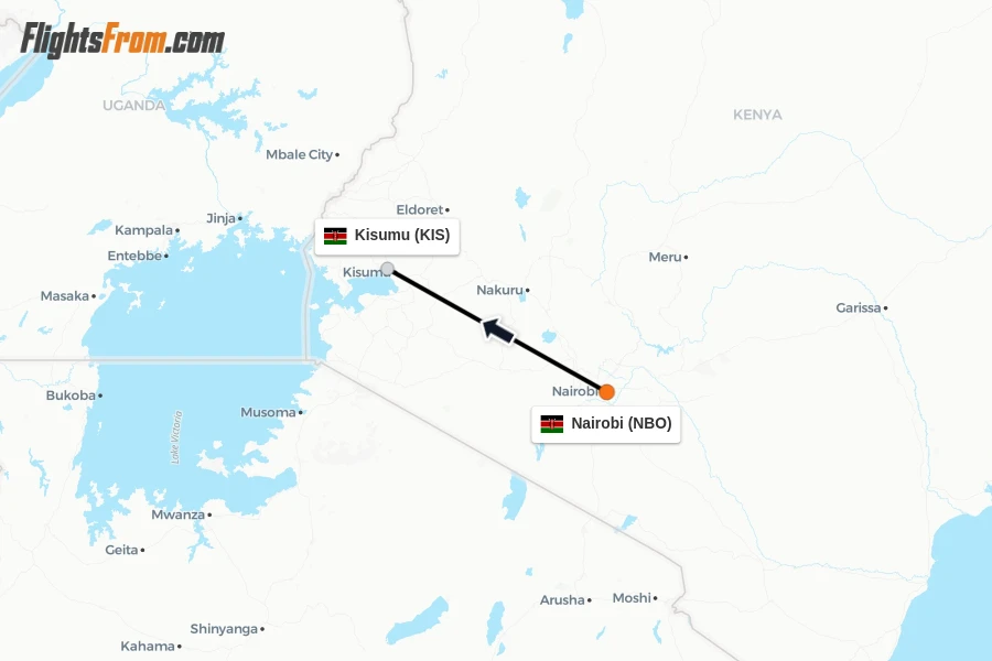 Flights from Nairobi to Kisumu route map