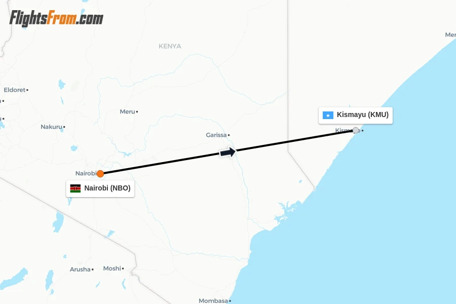 Flights from Nairobi to Kismayu route map