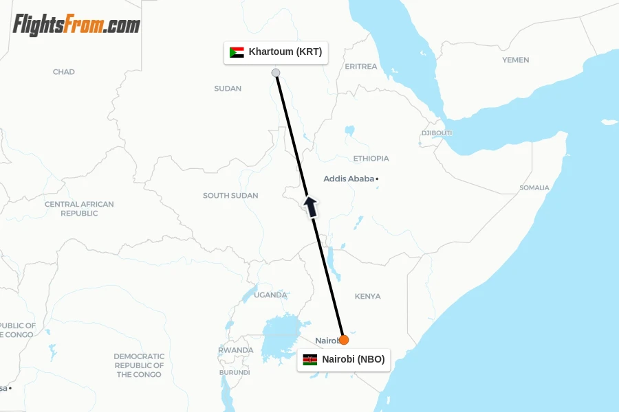 Flights from Nairobi to Khartoum route map