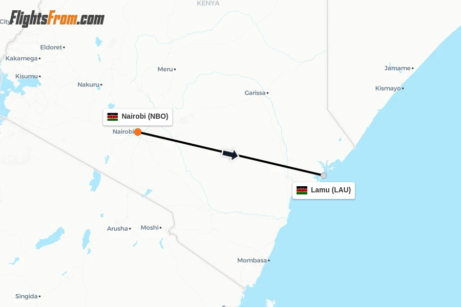 Flights from Nairobi to Lamu route map