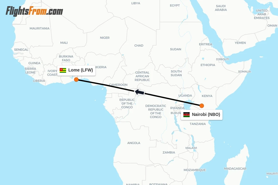 Flights from Nairobi to Lome route map