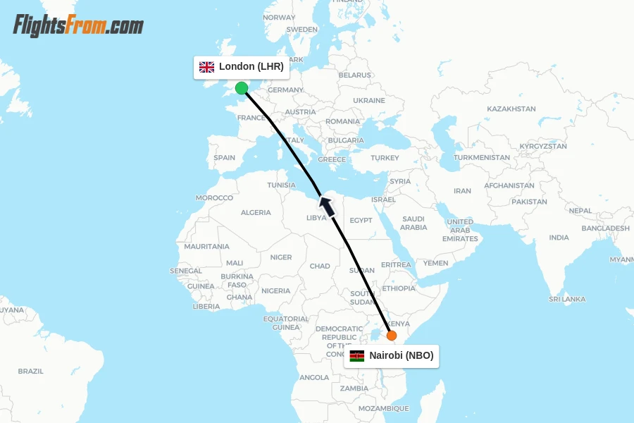 Flights from Nairobi to London route map