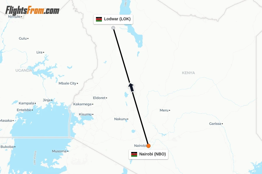 Flights from Nairobi to Lodwar route map