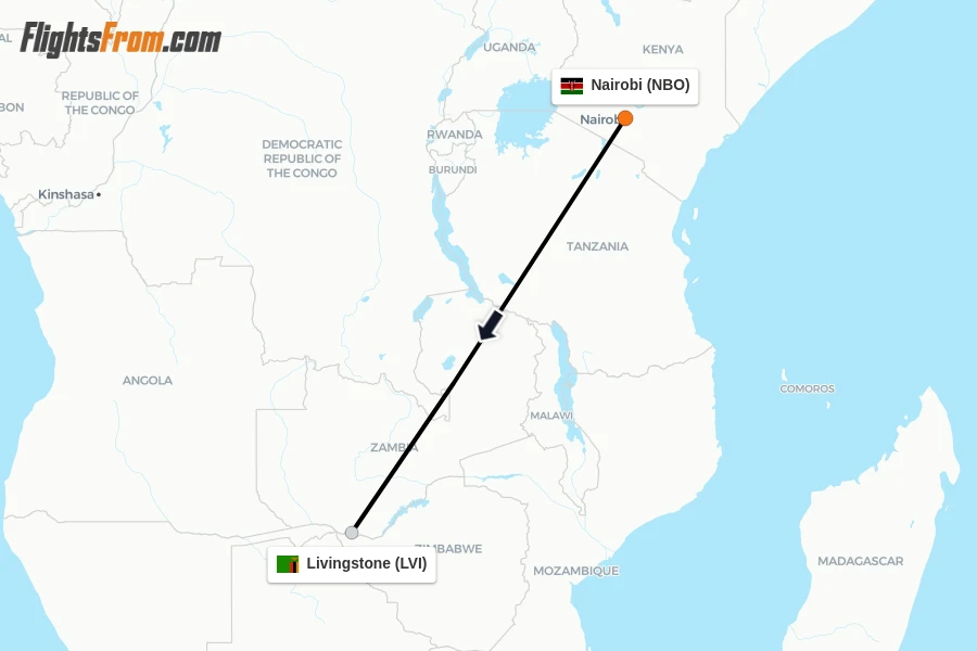 Flights from Nairobi to Livingstone route map