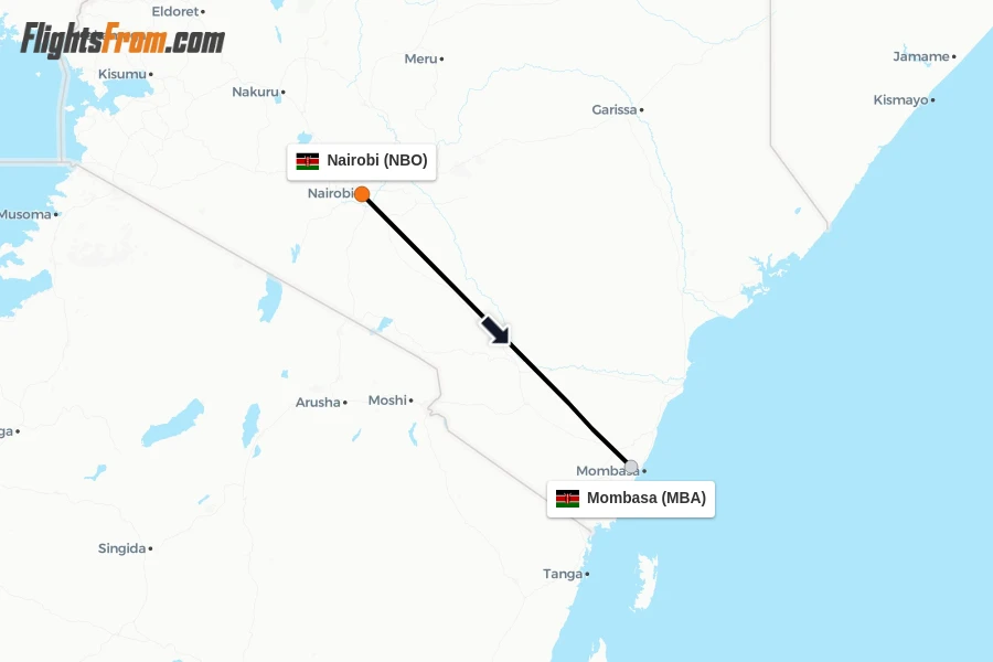 Flights from Nairobi to Mombasa route map