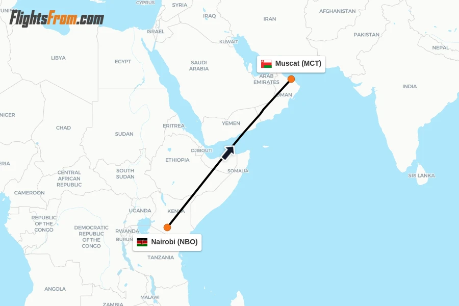 Flights from Nairobi to Muscat route map