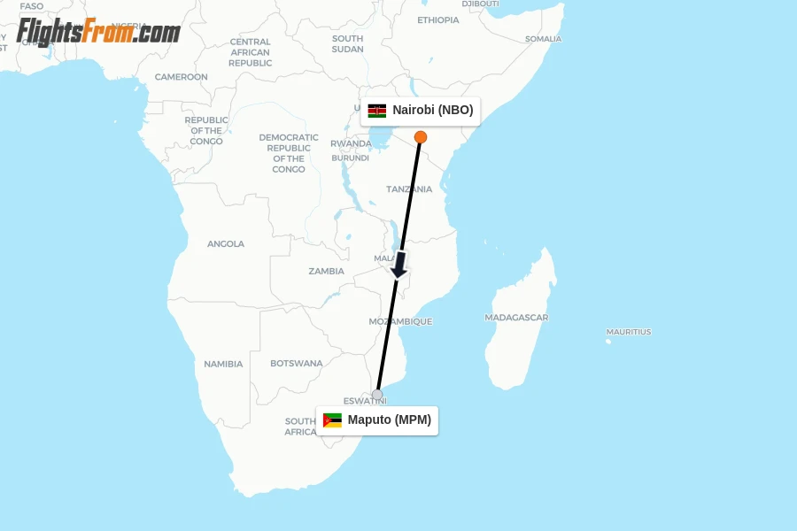 Flights from Nairobi to Maputo route map