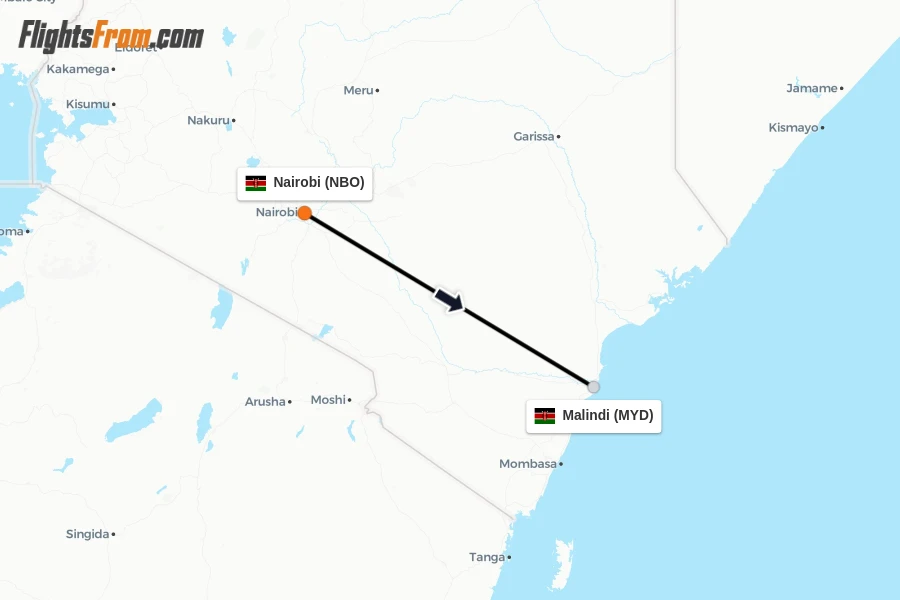 Flights from Nairobi to Malindi route map
