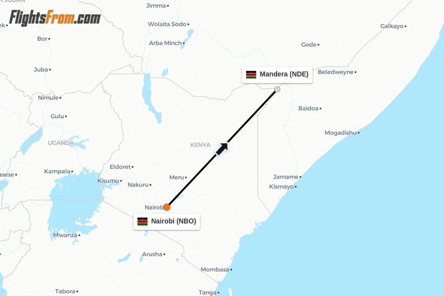 Flights from Nairobi to Mandera route map