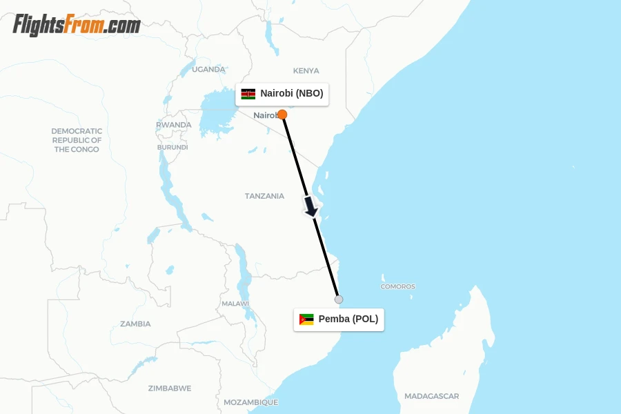 Flights from Nairobi to Pemba route map
