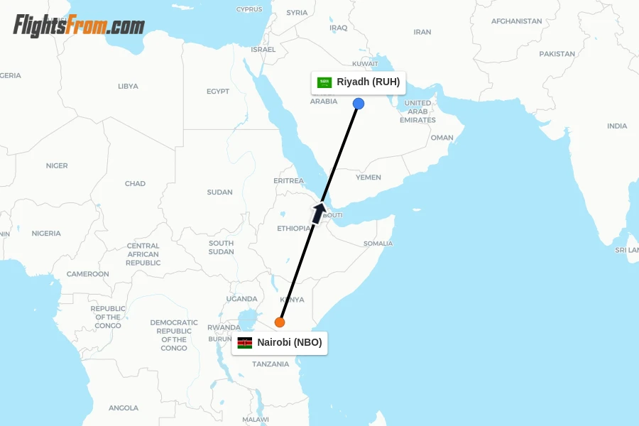 Flights from Nairobi to Riyadh route map