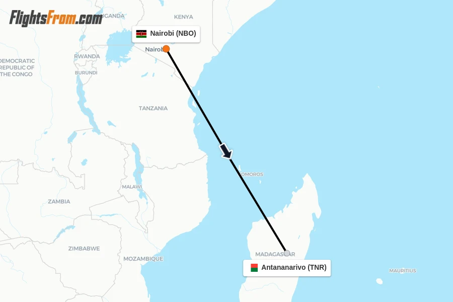 Flights from Nairobi to Antananarivo route map