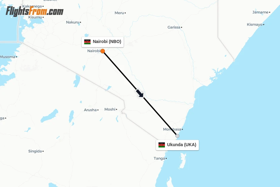 Flights from Nairobi to Ukunda route map