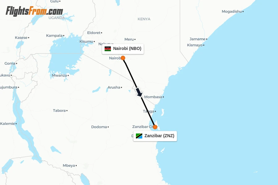 Flights from Nairobi to Zanzibar route map