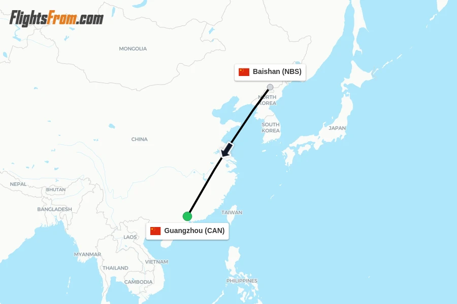 Flights from Baishan to Guangzhou route map