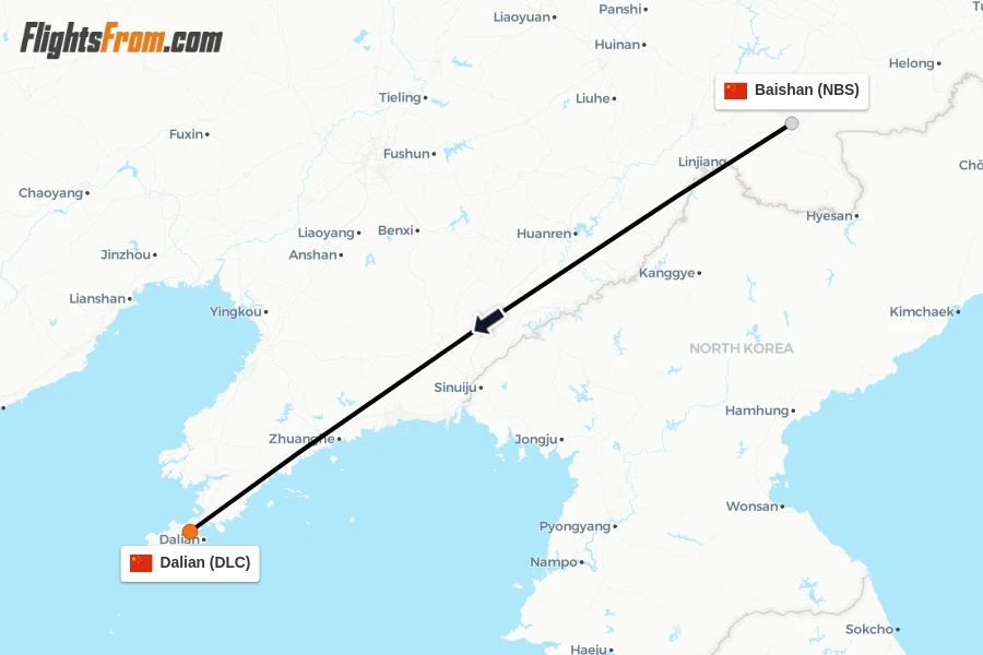 Flights from Baishan to Dalian route map