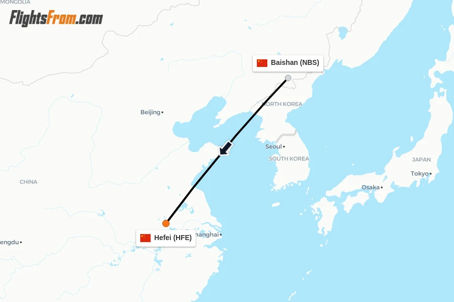 Flights from Baishan to Hefei route map
