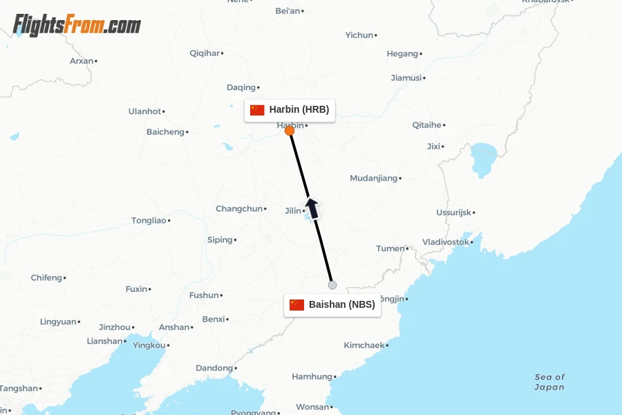 Flights from Baishan to Harbin route map